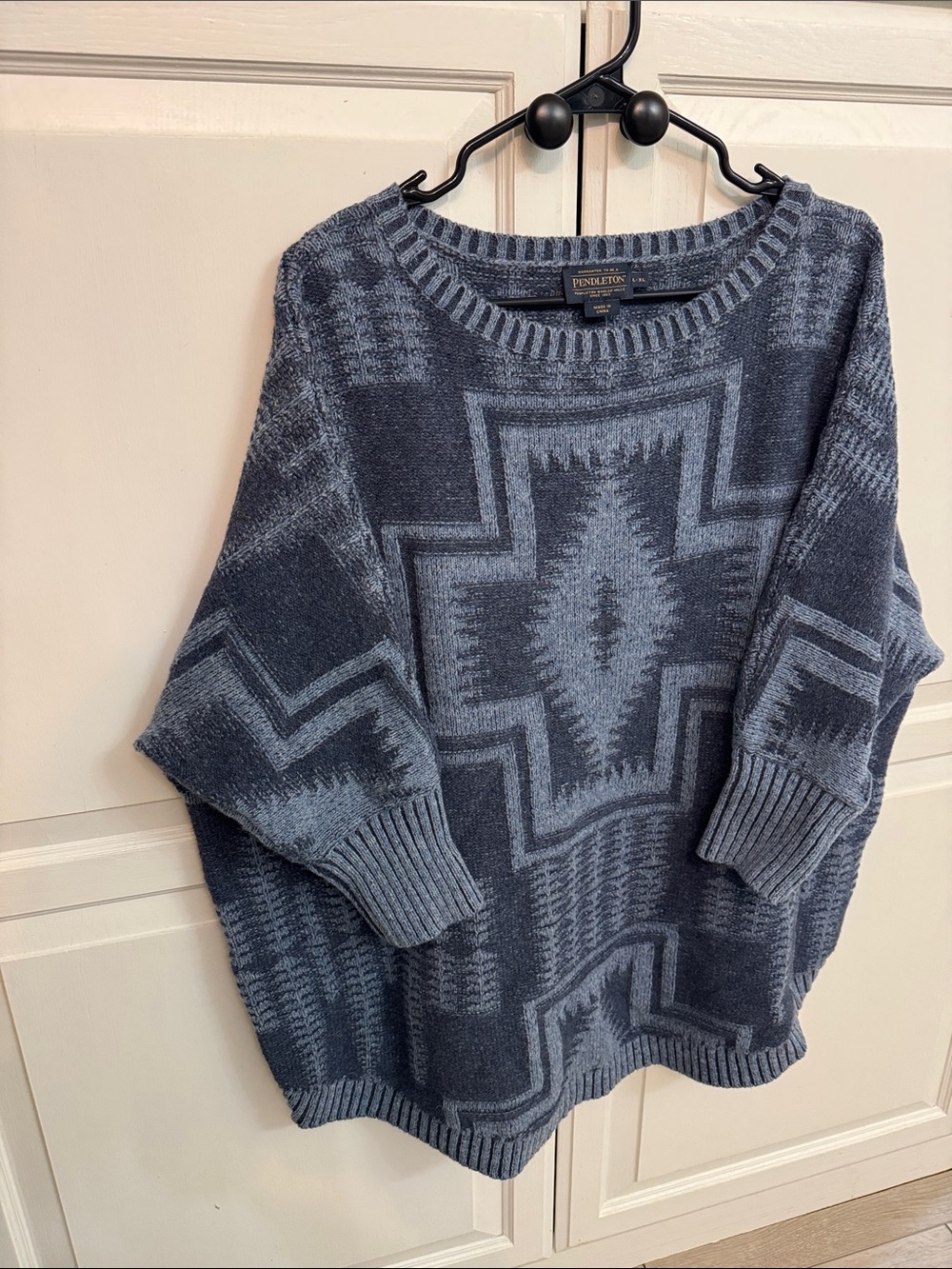 Pendleton Wool Blue Geometric Crewneck Sweater 3/4 sleeve size L-XL - Picture 3 of 7